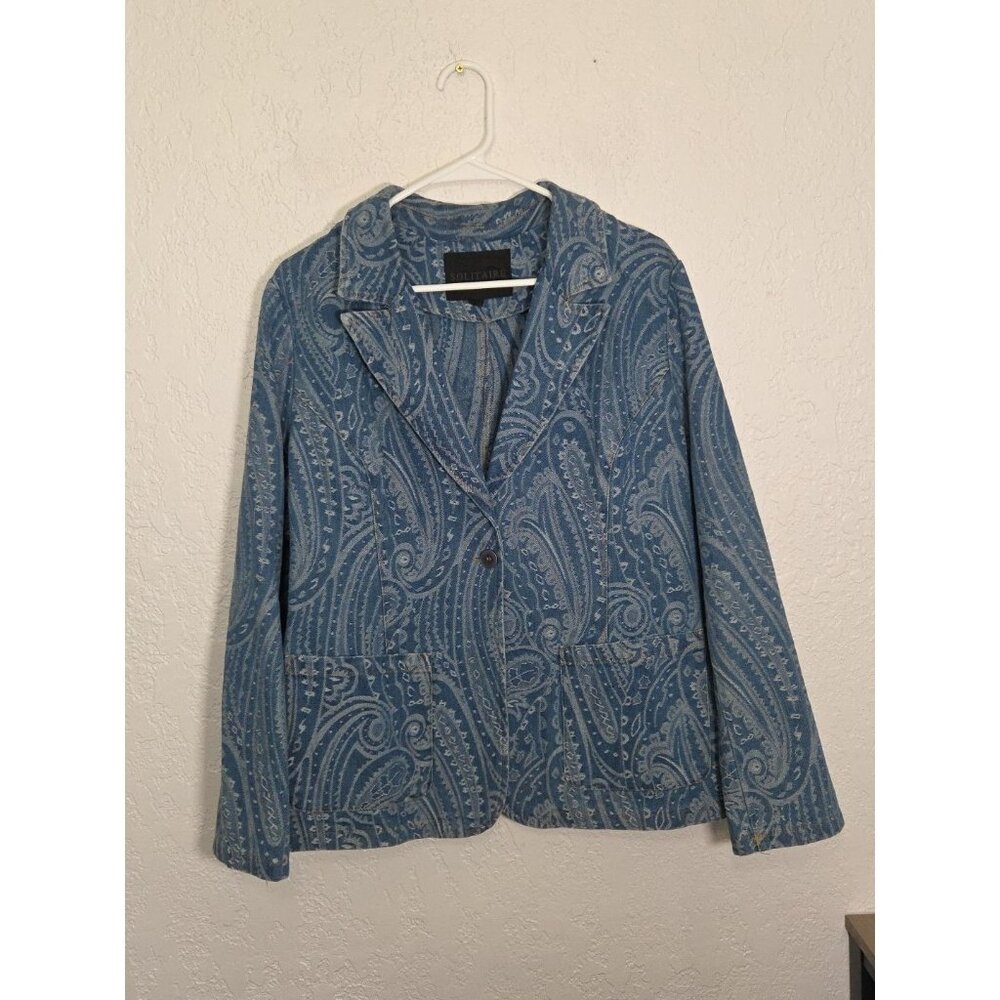 Solitaire Blazer Jacket Womens XL Blue Denim Paisley Button Boho Denim